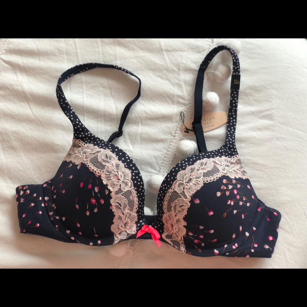 Navy Push-up Bra with Tulips & Lace - 32B